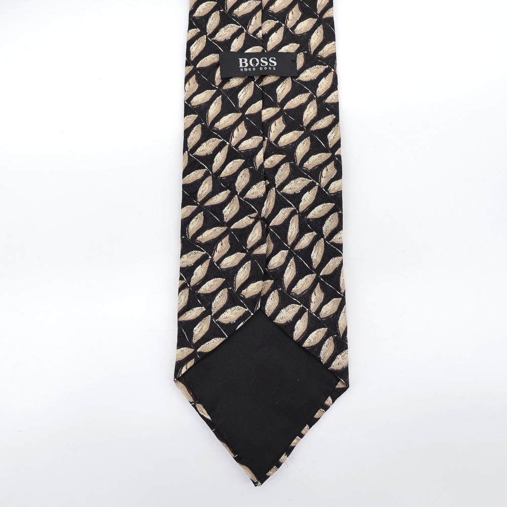 Hugo Boss Woven Leaf Pattern Necktie Black Tan Mens Tie - Picture 2 of 3